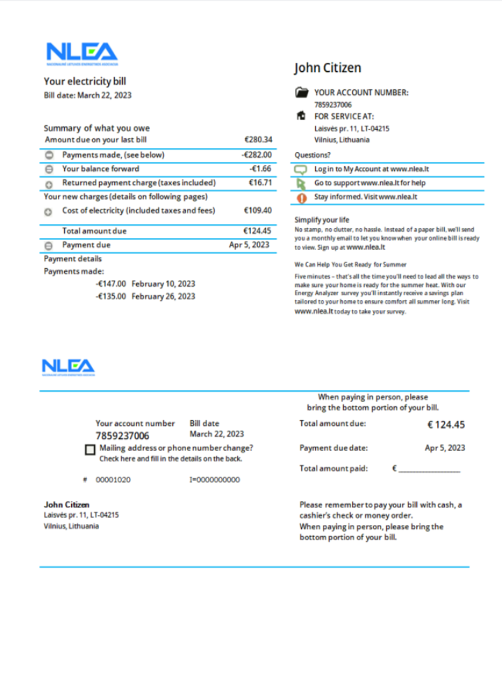 Lithuania National Lithuanian Energy Association utility bill Word and PDF template